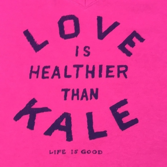 Life is Good “Love is Healthier than Kale” Pink V-Neck Screen Print T-Shirt - Picture 3 of 10